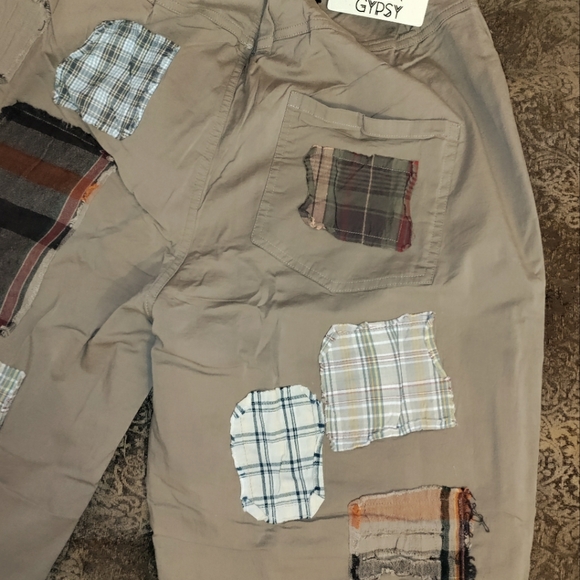 Cottagecore Traveling On Pants Khaki with Plaid Patches - Picture 3 of 4